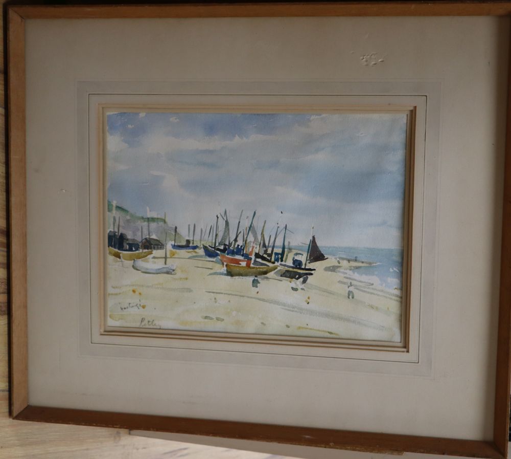 A group of assorted paintings and prints including a watercolour beach scene by Petley Jones